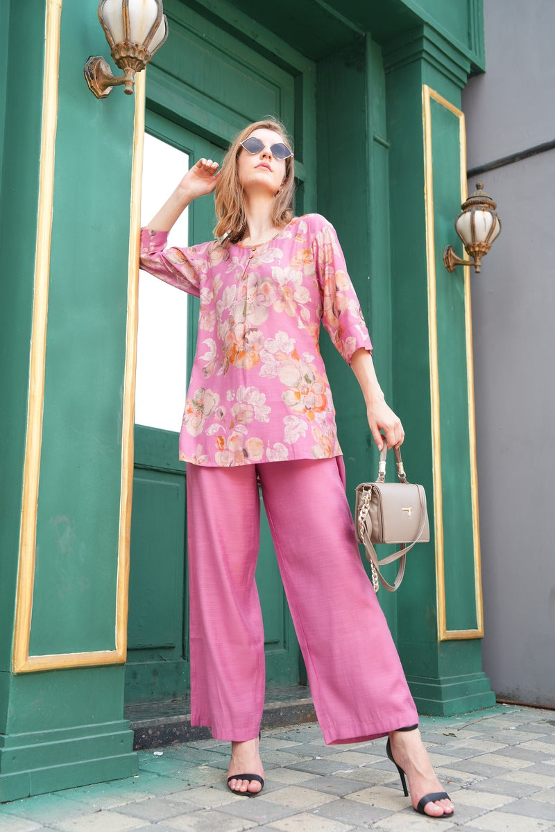 Tulip Pink-Colored Printed Co-Ord Set