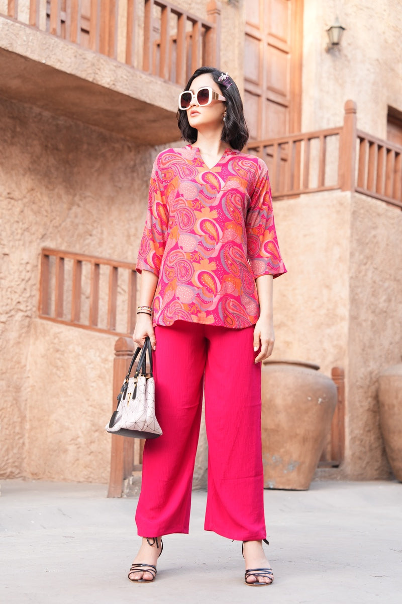 Fuchsia-Colored Printed Co-Ord Set