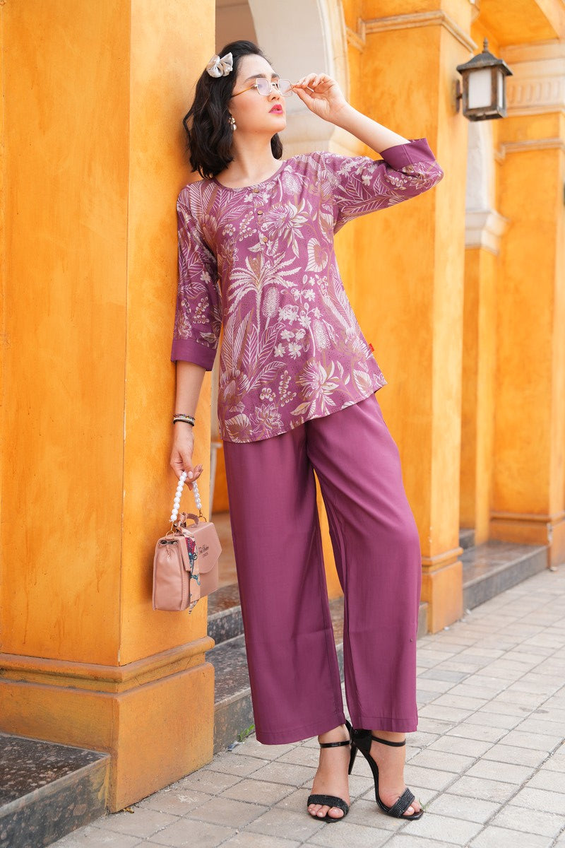 Magenta-Colored Printed Co-Ord Set