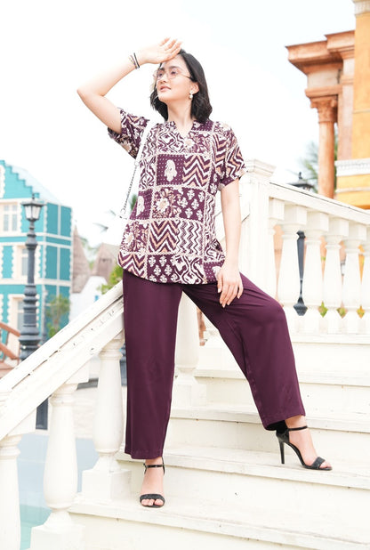 Wine-Colored Printed Co-Ord Set