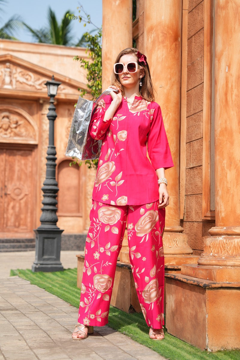 Fuchsia-Colored Printed Co-Ord Set