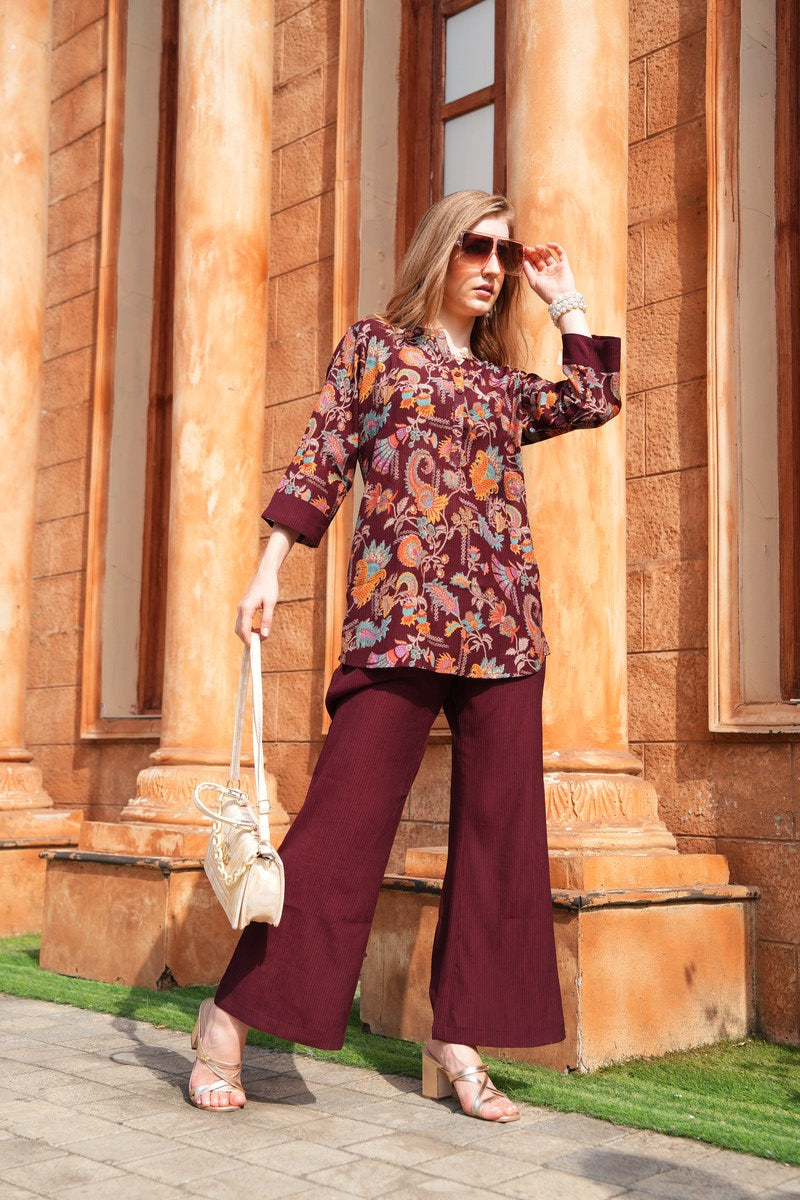 Maroon-Colored Printed Co-Ord Set