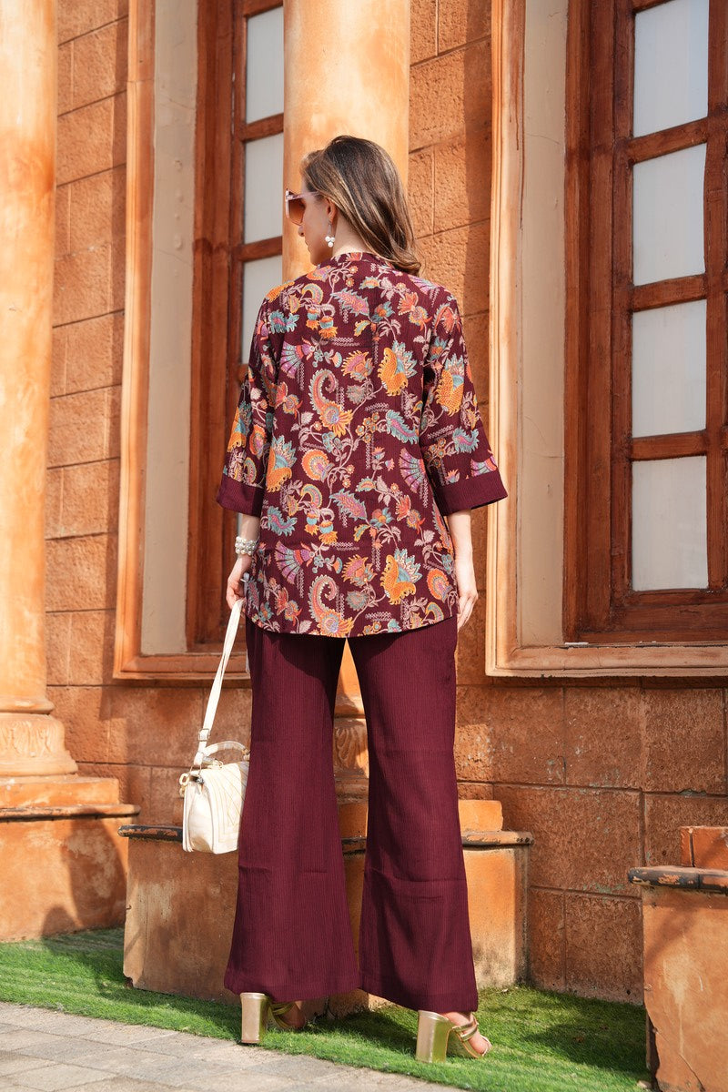 Maroon-Colored Printed Co-Ord Set