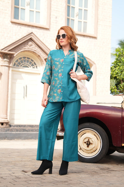 Sea Green-Colored Printed Co-Ord Set