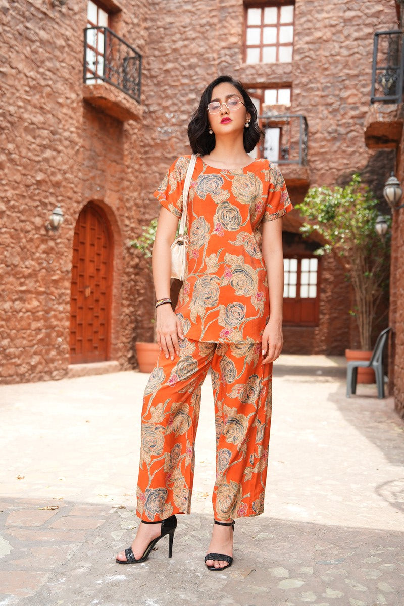 Orange-Colored Printed Co-Ord Set