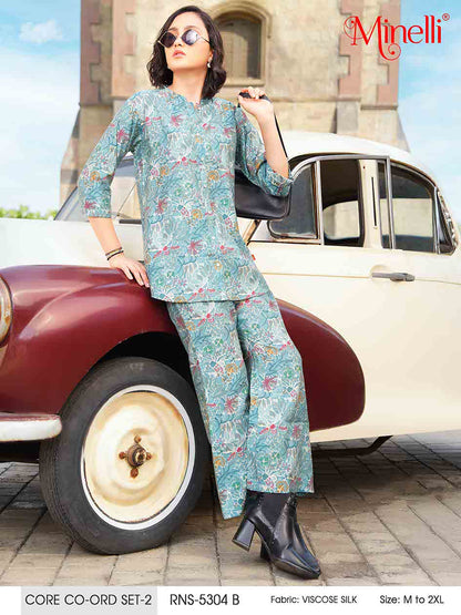 Pale Aqua-Colored Printed Co-Ord Set