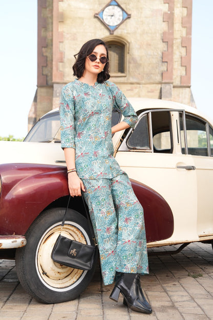 Pale Aqua-Colored Printed Co-Ord Set