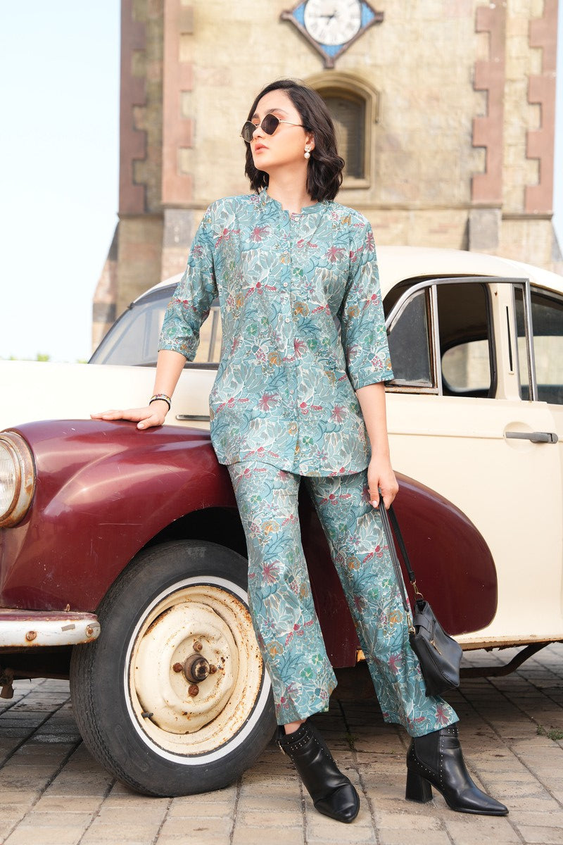 Pale Aqua-Colored Printed Co-Ord Set