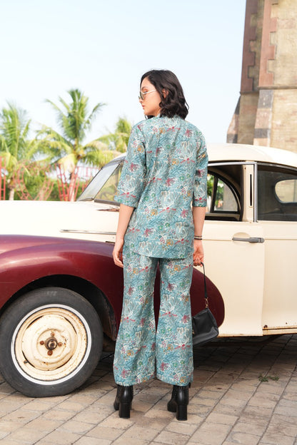 Pale Aqua-Colored Printed Co-Ord Set