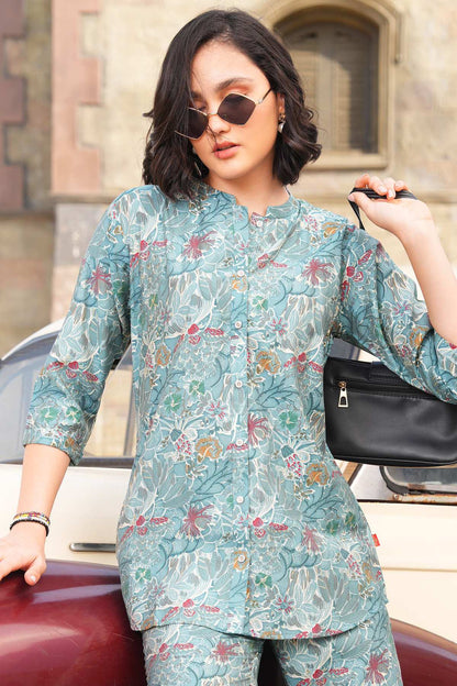 Pale Aqua-Colored Printed Co-Ord Set