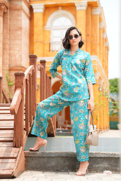 Turquoise-Colored Printed Co-Ord Set