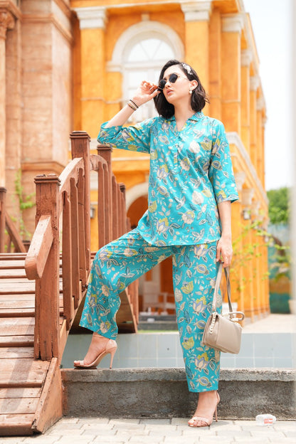 Turquoise-Colored Printed Co-Ord Set