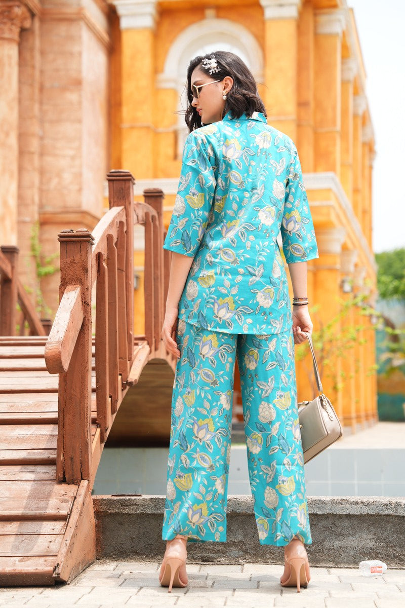 Turquoise-Colored Printed Co-Ord Set