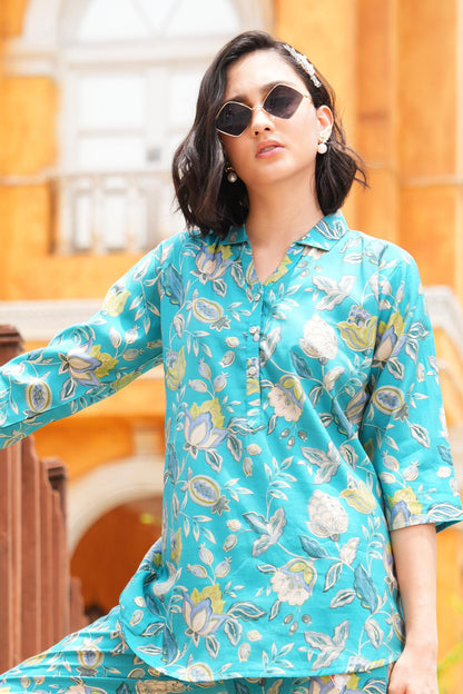 Turquoise-Colored Printed Co-Ord Set