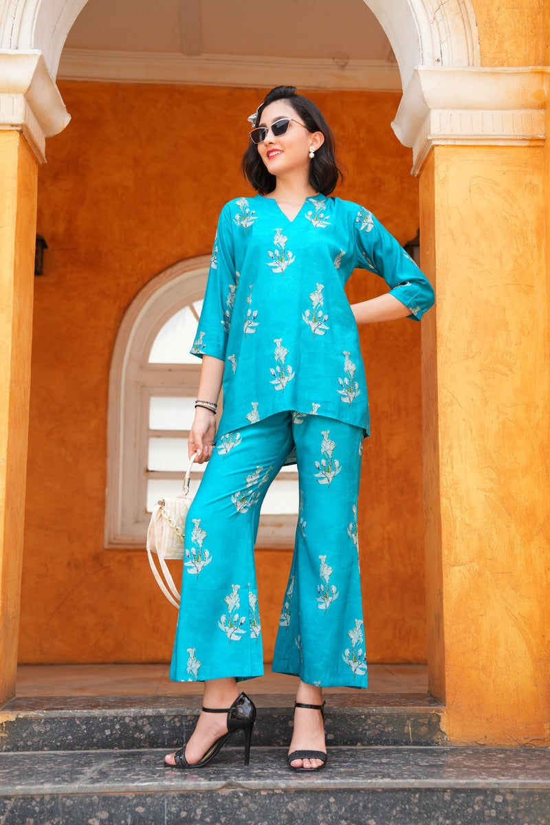 Sea Green-Colored Printed Co-Ord Set