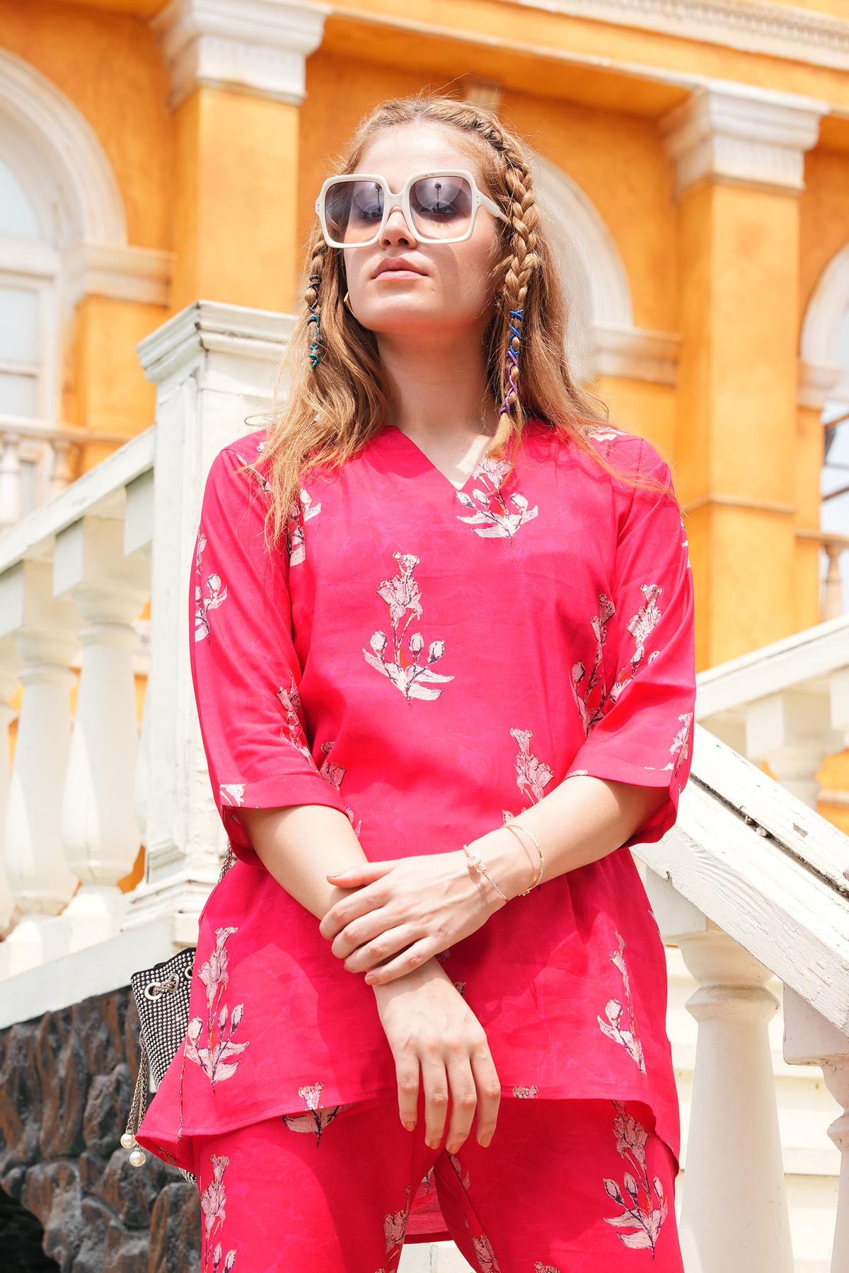 Fuchsia-Colored Printed Co-Ord Set