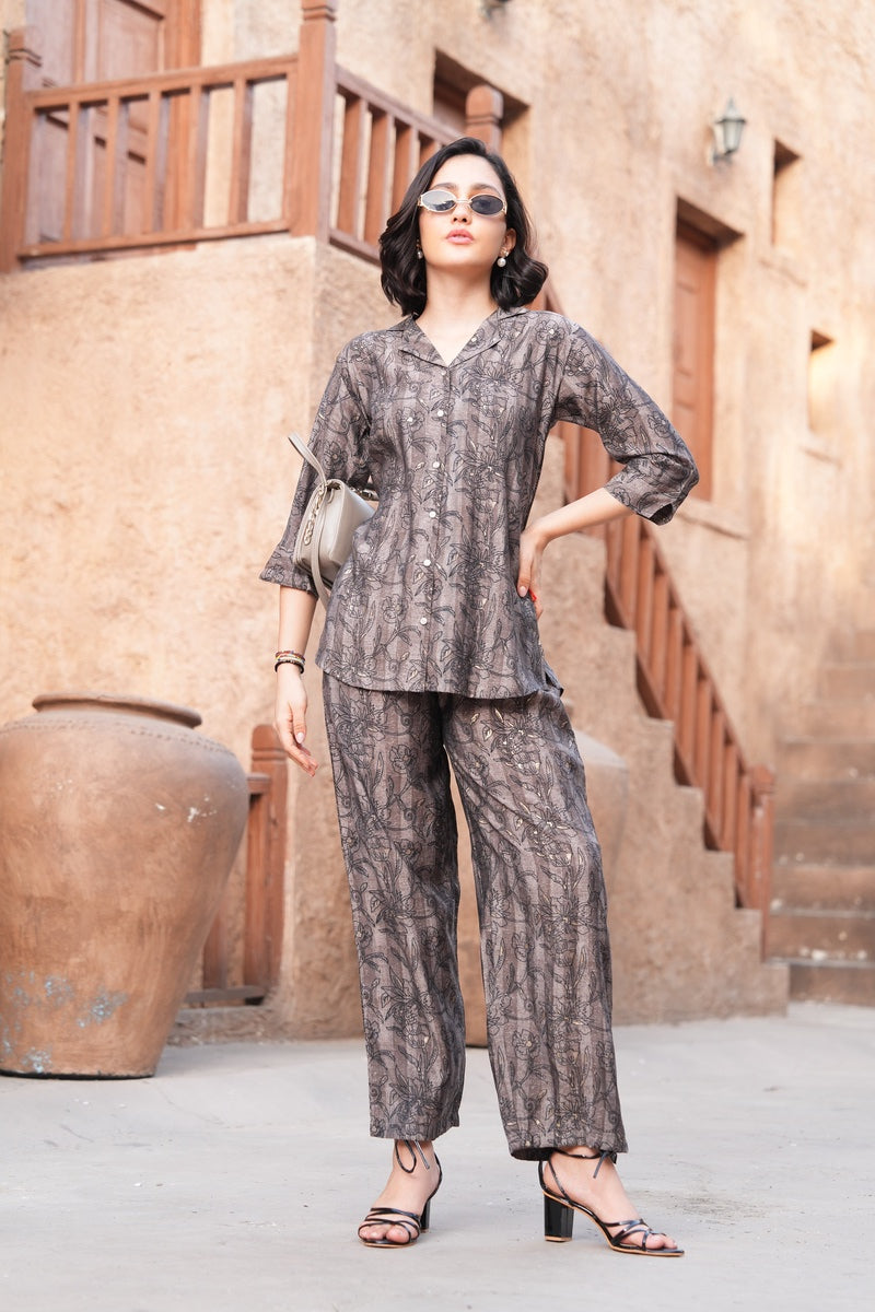 Coffee-Colored Printed Co-Ord Set