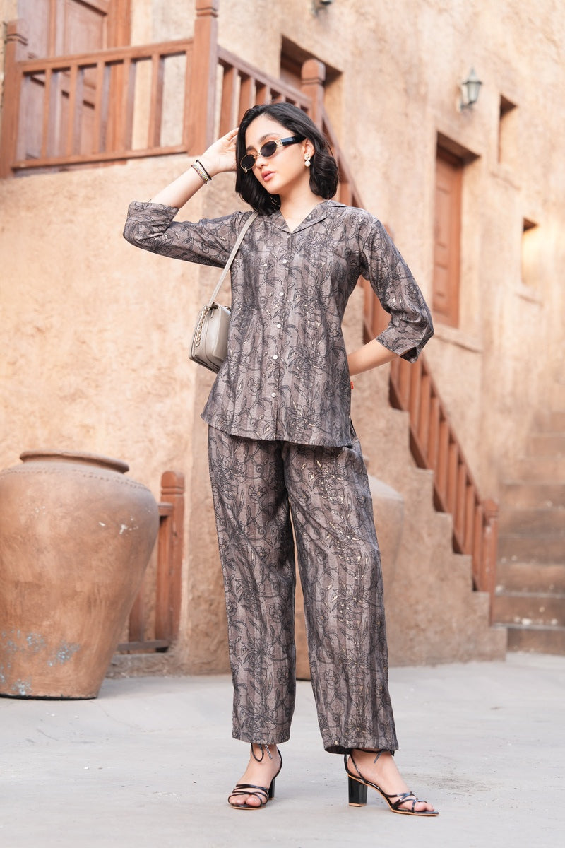 Coffee-Colored Printed Co-Ord Set