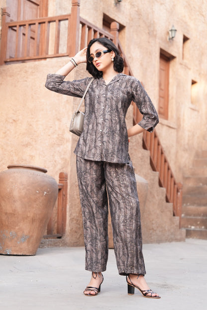 Coffee-Colored Printed Co-Ord Set