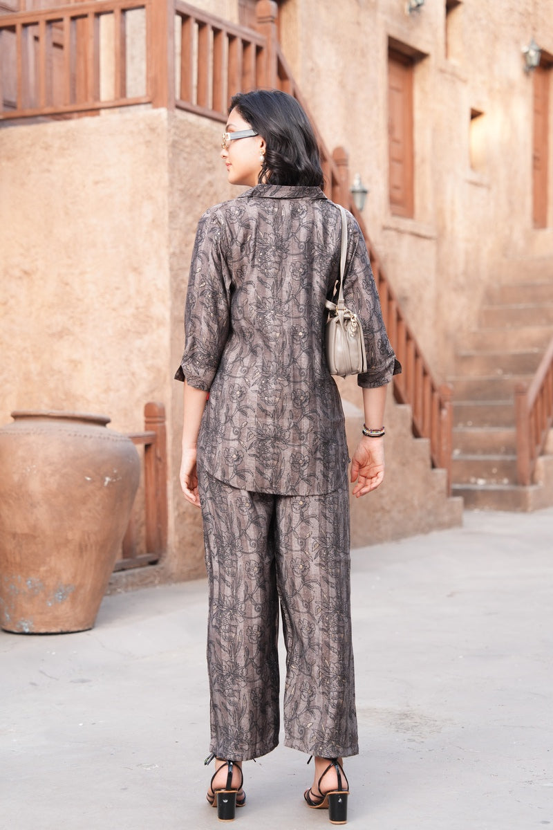 Coffee-Colored Printed Co-Ord Set