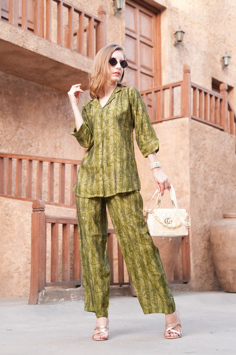 Mehandi-Colored Printed Co-Ord Set