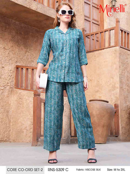 Sea Green-Colored Printed Co-Ord Set