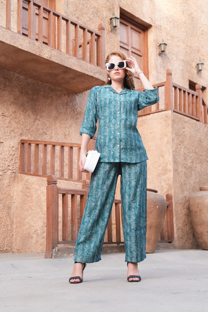 Sea Green-Colored Printed Co-Ord Set