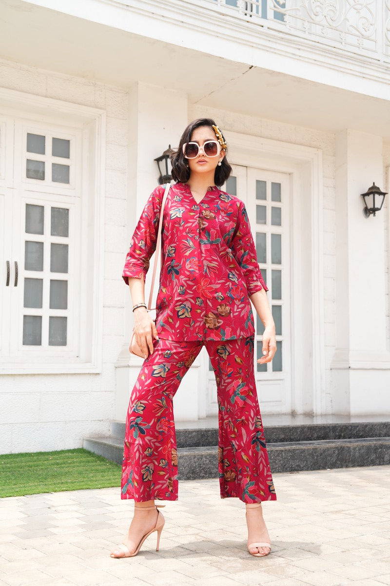 Fuchsia-Colored Printed Co-Ord Set