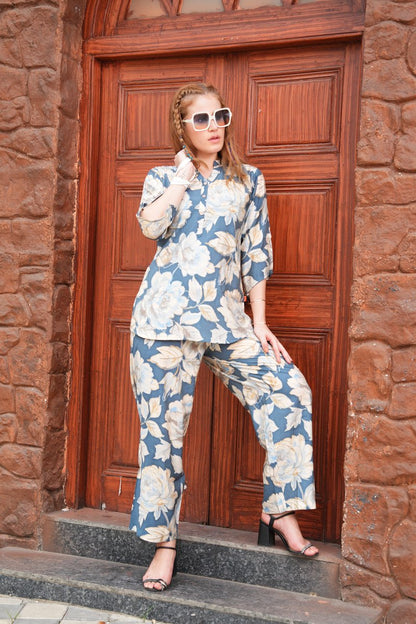 Faded Blue-Colored Printed Co-Ord Set