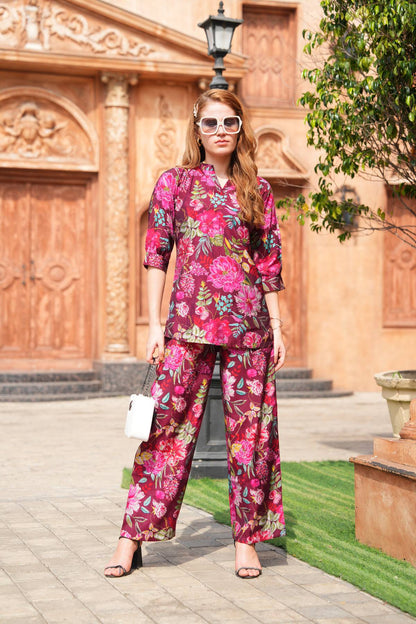 Burgandy-Colored Printed Co-Ord Set