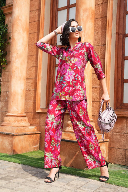 Radical Red-Colored Printed Co-Ord Set