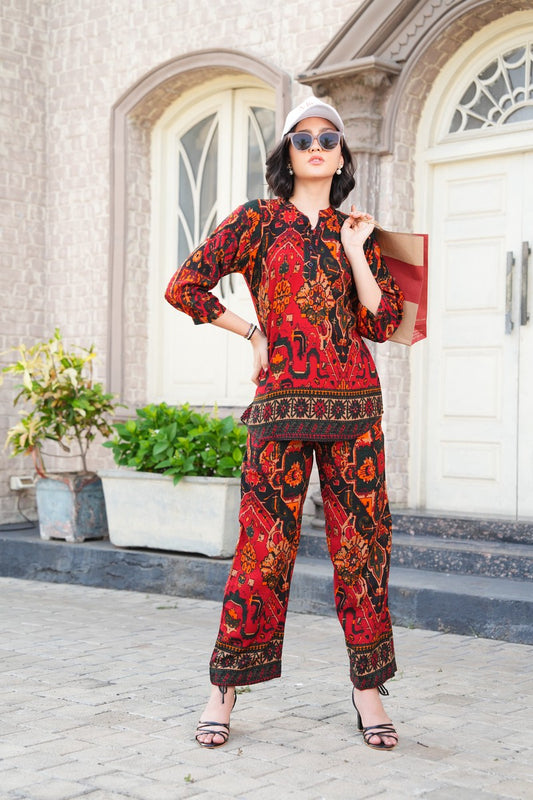 Lava Red-Colored Printed Co-Ord Set