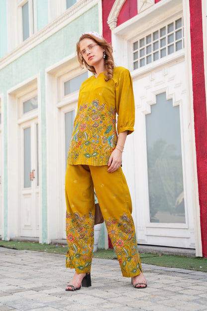 Burnt Yellow-Colored Printed Co-Ord Set