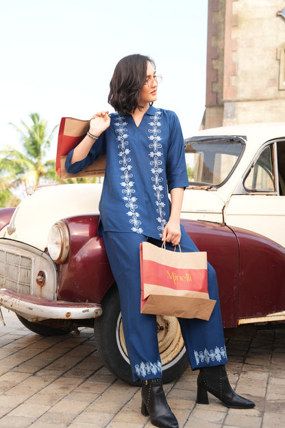 D.Blue-Colored Embroidered Co-Ord Set