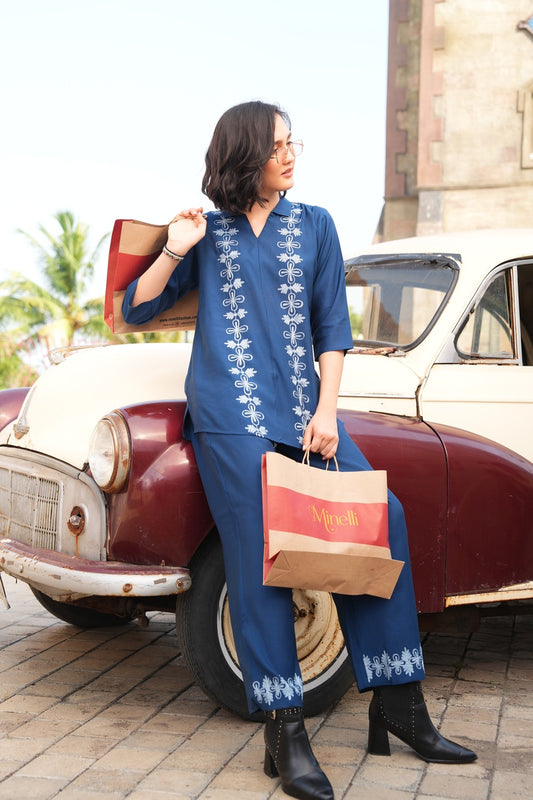 D.Blue-Colored Embroidered Co-Ord Set