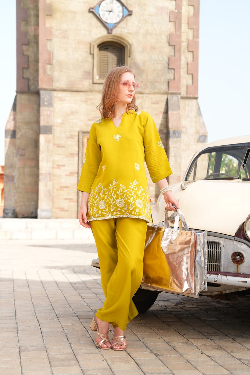 Mikado Yellow-Colored Embroidered Co-Ord Set