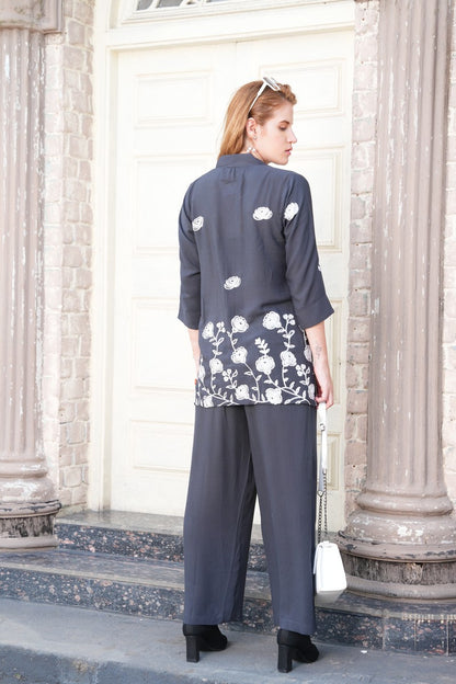 D.Grey-Colored Embroidered Co-Ord Set