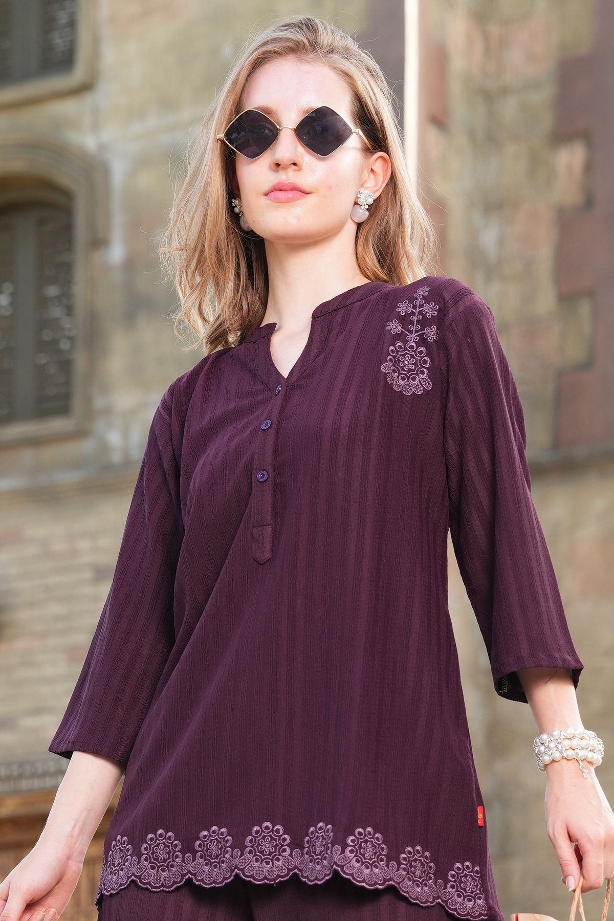 Wine-Colored Embroidered Co-Ord Set