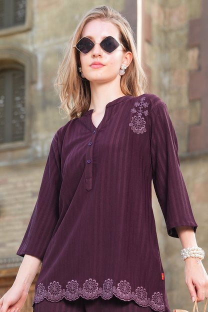 Wine-Colored Embroidered Co-Ord Set