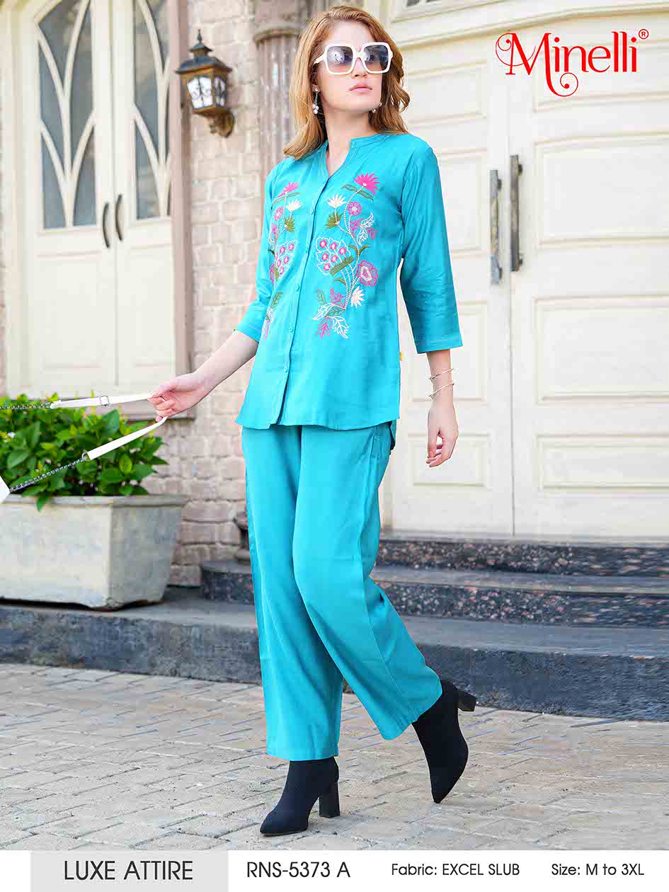 Turquoise-Colored Embroidered Co-Ord Set