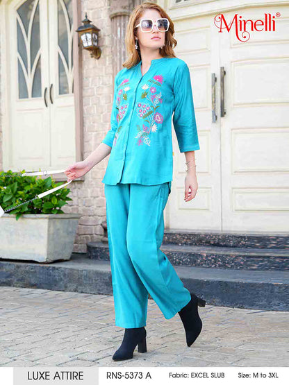 Turquoise-Colored Embroidered Co-Ord Set