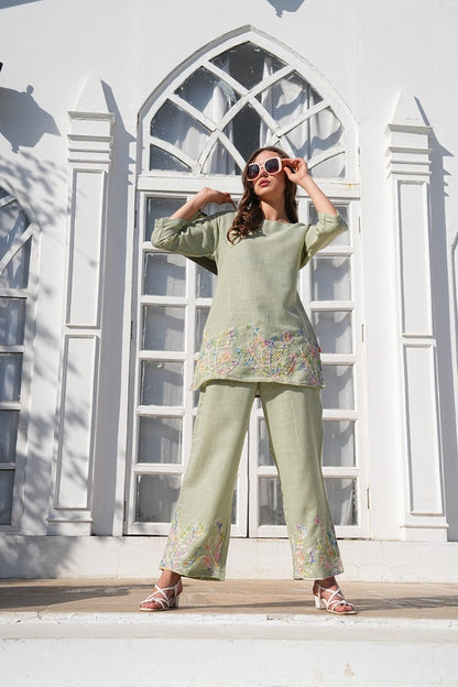 Olive-Colored Embroidered Co-Ord Set
