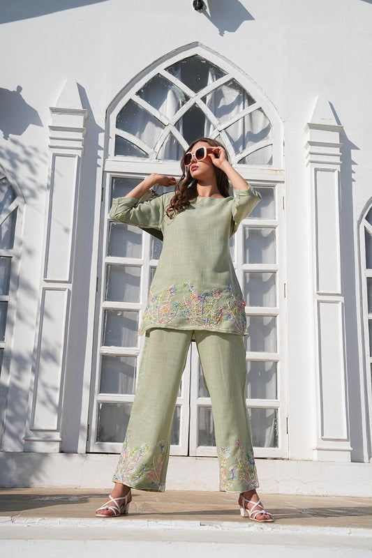 Olive-Colored Embroidered Co-Ord Set