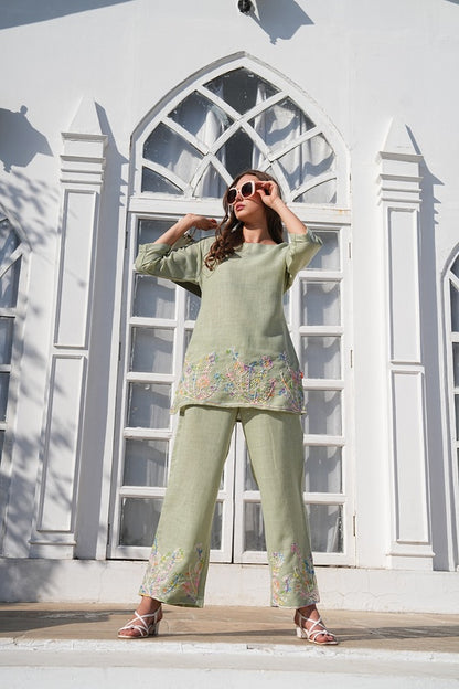 Olive-Colored Embroidered Co-Ord Set