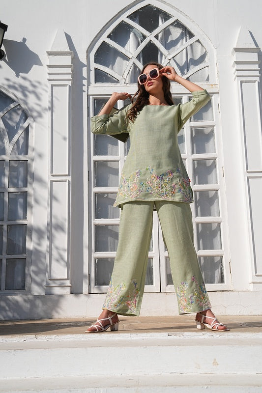 Olive-Colored Embroidered Co-Ord Set