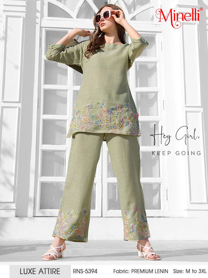 Olive-Colored Embroidered Co-Ord Set
