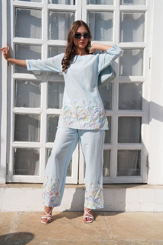 L.Blue-Colored Embroidered Co-Ord Set