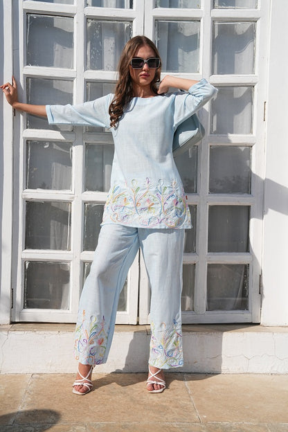 L.Blue-Colored Embroidered Co-Ord Set