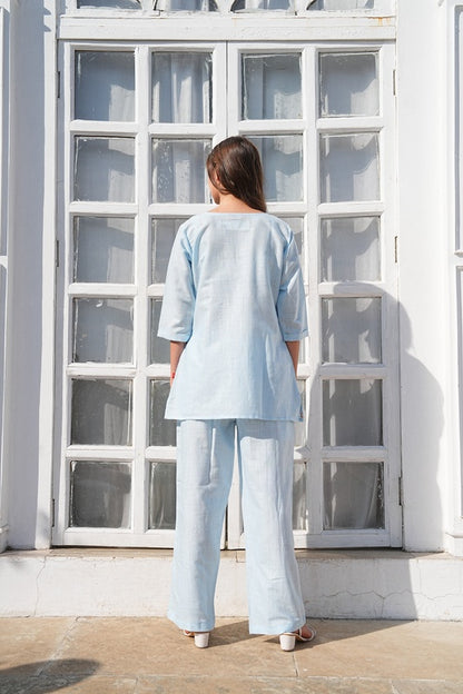 L.Blue-Colored Embroidered Co-Ord Set