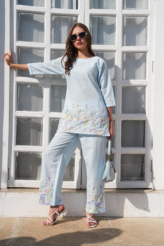 L.Blue-Colored Embroidered Co-Ord Set